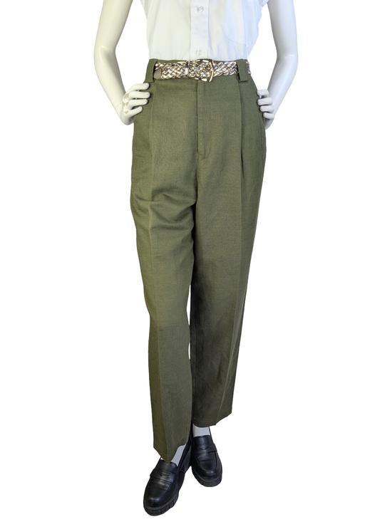 Lizsport Pants - Vintage Liz Sport Olive Linen High Rise Pleated Trousers | Preppy Academia | M